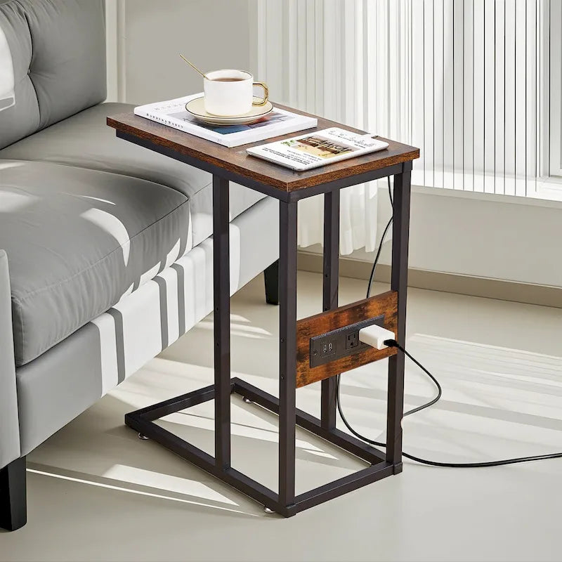 C-Shaped Side Table with USB Ports and Outlets for Small Spaces