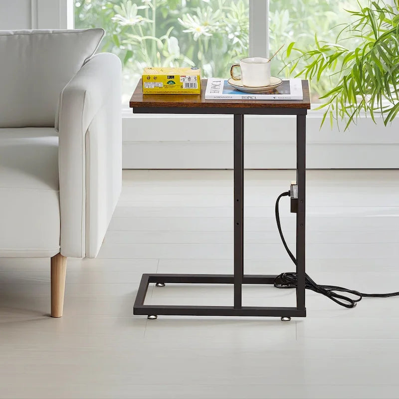 C-Shaped Side Table with USB Ports and Outlets for Small Spaces