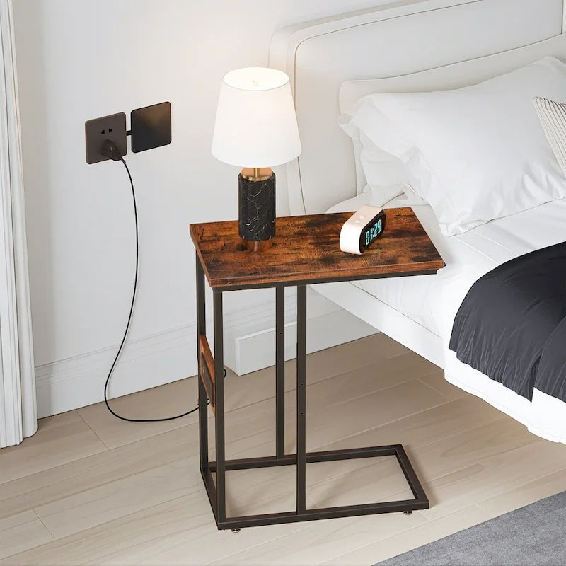 C-Shaped Side Table with USB Ports and Outlets for Small Spaces