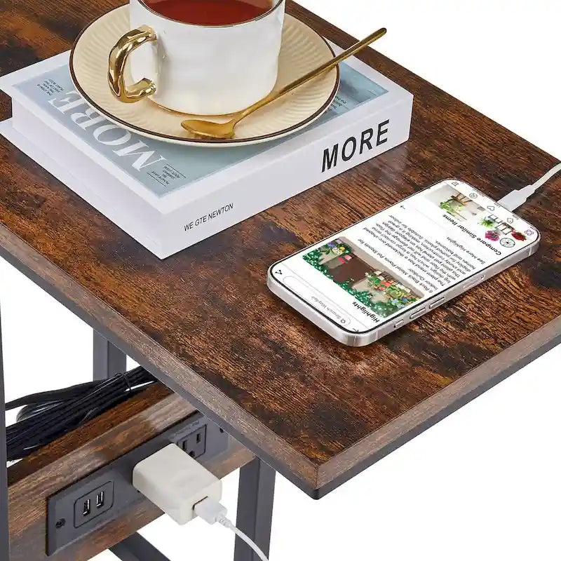 C-Shaped Side Table with USB Ports and Outlets for Small Spaces