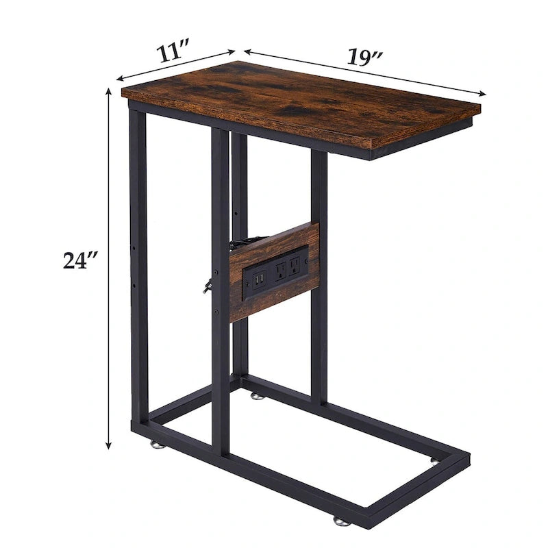C-Shaped Side Table with USB Ports and Outlets for Small Spaces