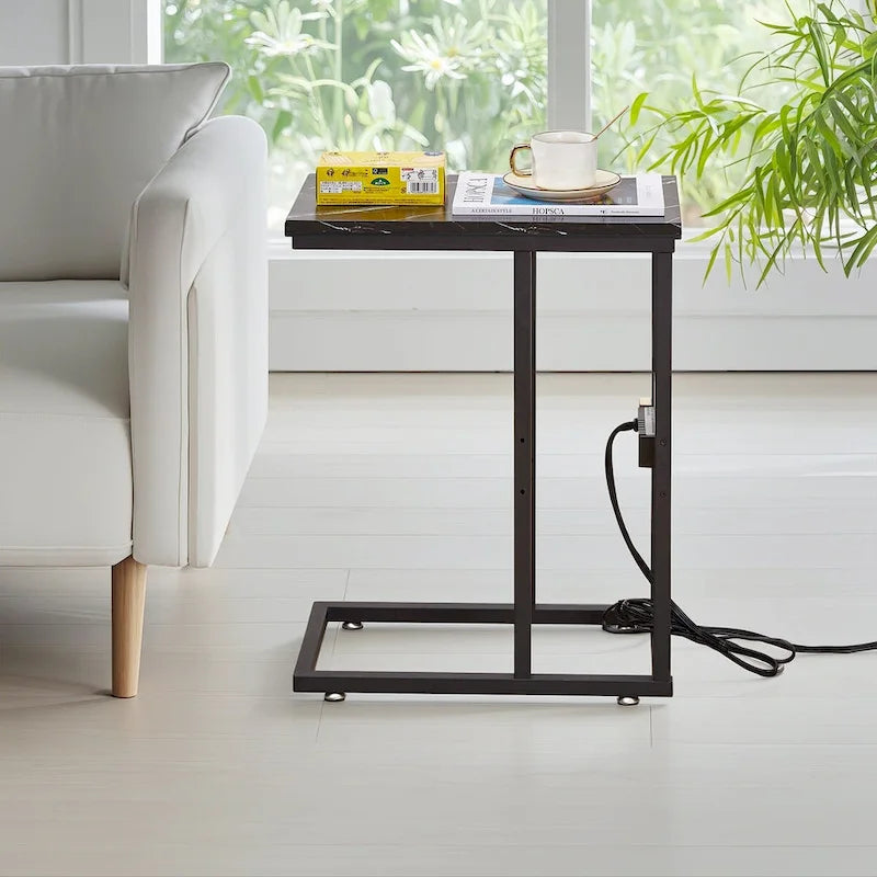 C-Shaped Side Table with USB Ports and Outlets for Small Spaces