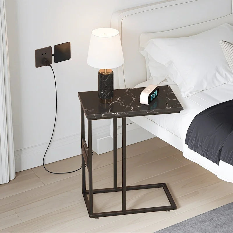 C-Shaped Side Table with USB Ports and Outlets for Small Spaces
