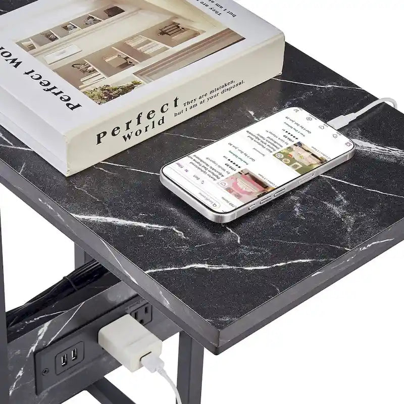C-Shaped Side Table with USB Ports and Outlets for Small Spaces