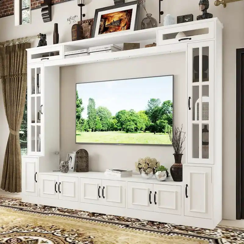 Modern White Entertainment Center with Tempered Glass Doors and Hydraulic Top - 96.9"W