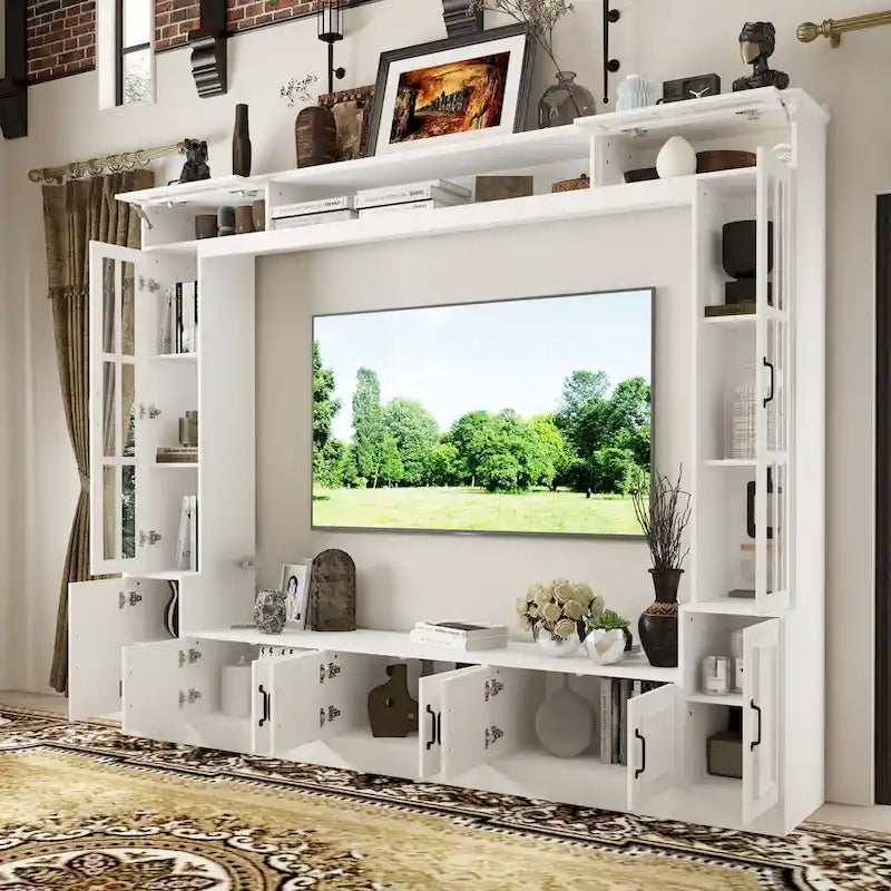 Modern White Entertainment Center with Tempered Glass Doors and Hydraulic Top - 96.9"W