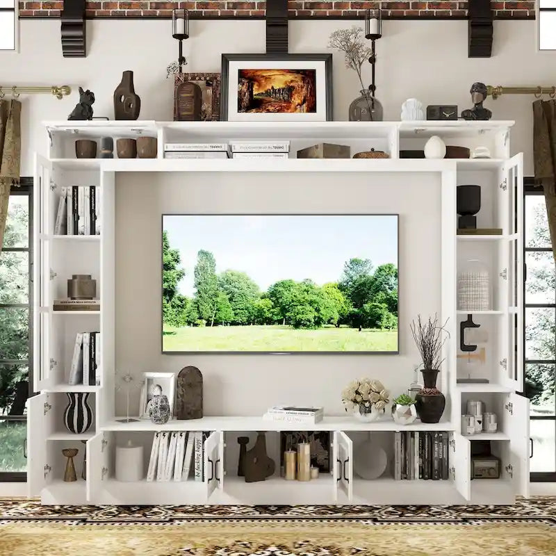 Modern White Entertainment Center with Tempered Glass Doors and Hydraulic Top - 96.9"W