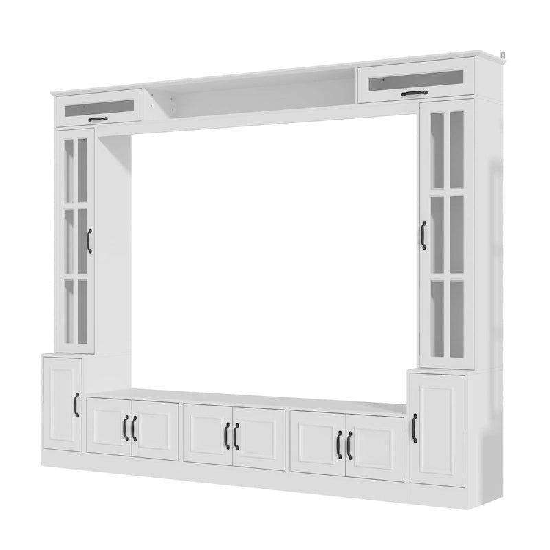 Modern White Entertainment Center with Tempered Glass Doors and Hydraulic Top - 96.9"W