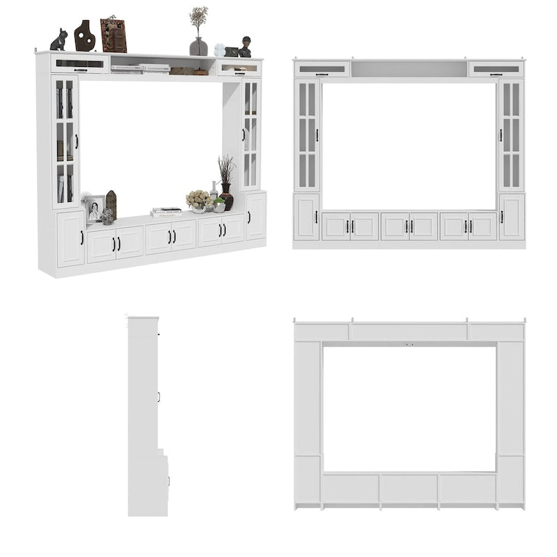 Modern White Entertainment Center with Tempered Glass Doors and Hydraulic Top - 96.9"W