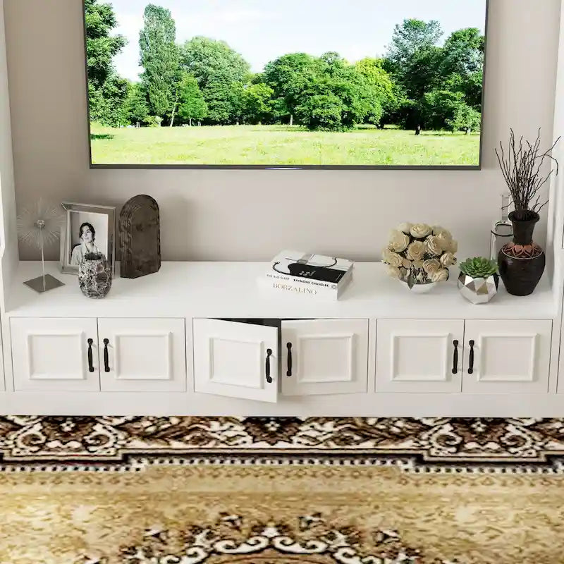 Modern White Entertainment Center with Tempered Glass Doors and Hydraulic Top - 96.9"W