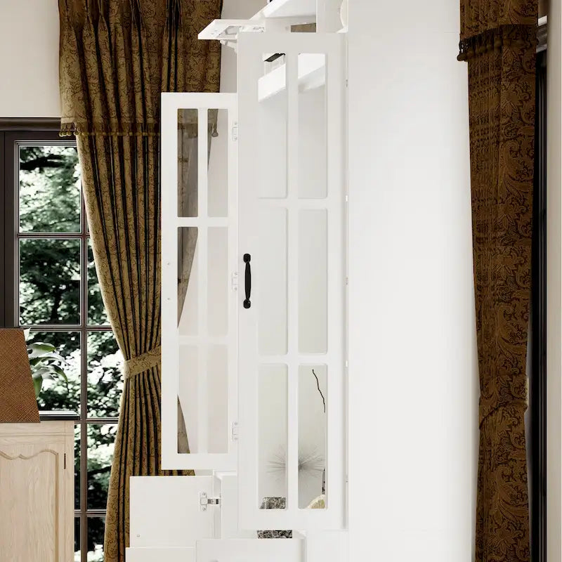 Modern White Entertainment Center with Tempered Glass Doors and Hydraulic Top - 96.9"W
