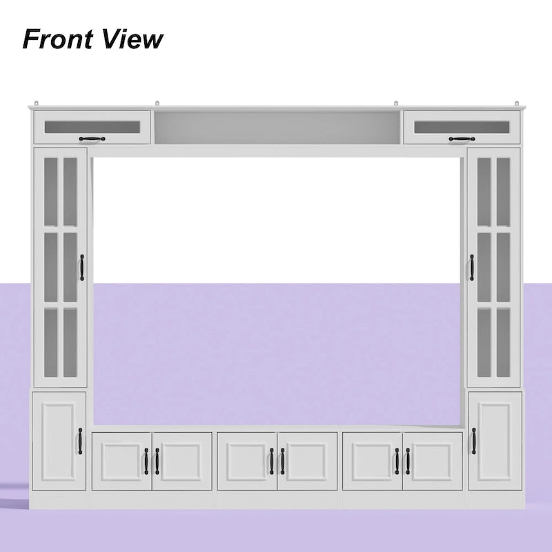 Modern White Entertainment Center with Tempered Glass Doors and Hydraulic Top - 96.9"W