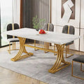 63" Modern Dining Table with Faux Marble Top and Gold Trestle Legs