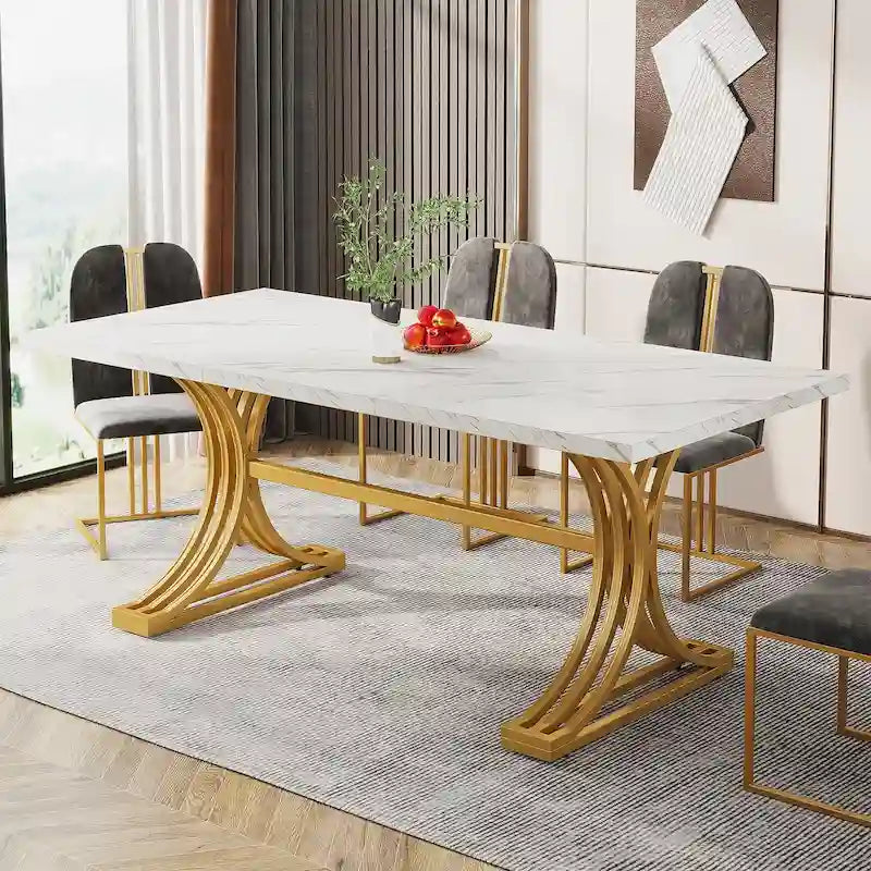 63" Modern Dining Table with Faux Marble Top and Gold Trestle Legs