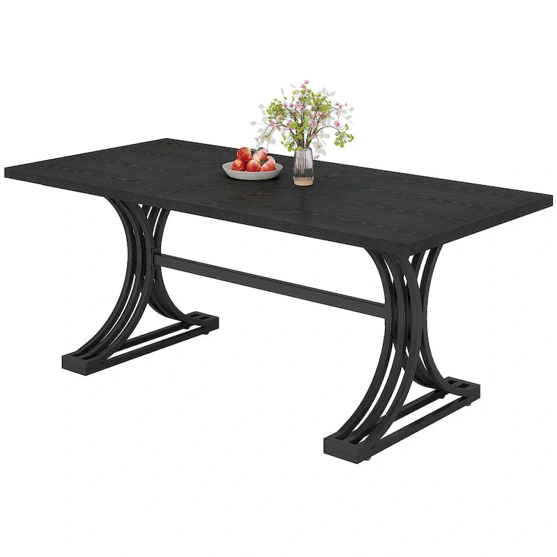 63" Modern Dining Table with Faux Marble Top and Gold Trestle Legs