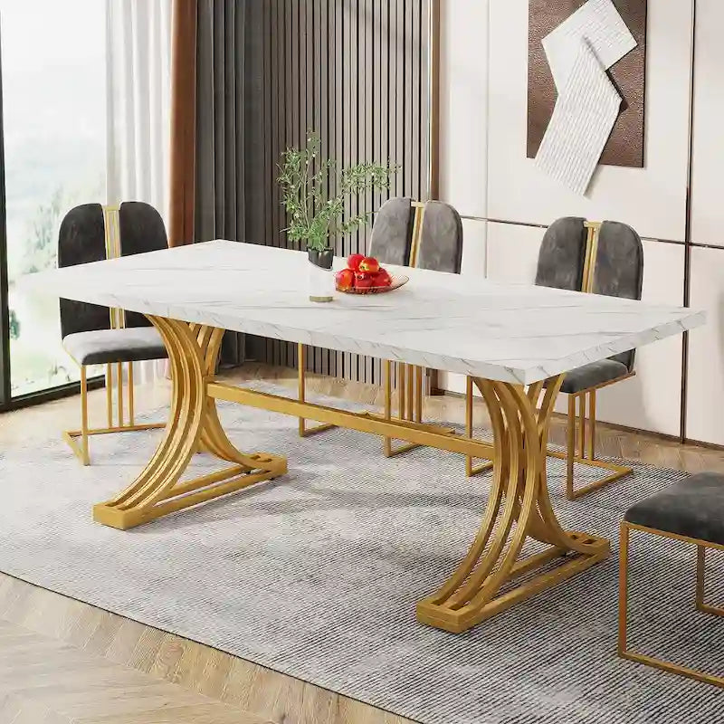 63" Modern Dining Table with Faux Marble Top and Gold Trestle Legs