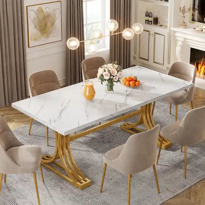 63" Modern Dining Table with Faux Marble Top and Gold Trestle Legs