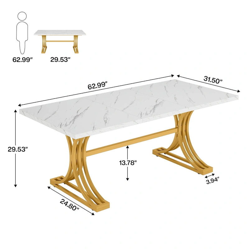 63" Modern Dining Table with Faux Marble Top and Gold Trestle Legs