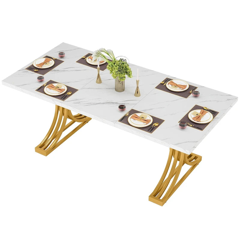 63" Modern Dining Table with Faux Marble Top and Gold Trestle Legs