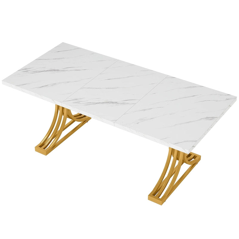 63" Modern Dining Table with Faux Marble Top and Gold Trestle Legs