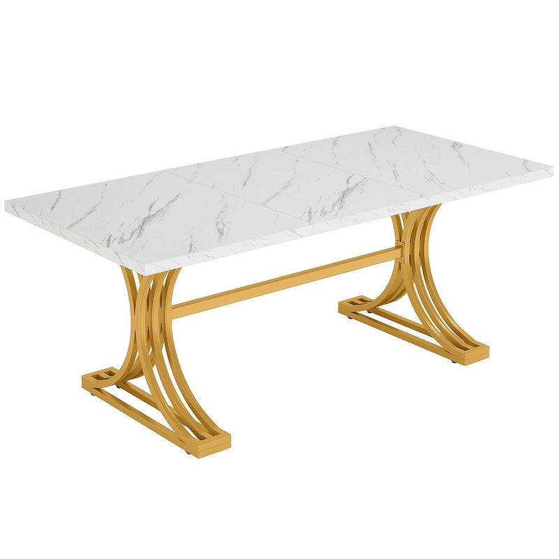63" Modern Dining Table with Faux Marble Top and Gold Trestle Legs