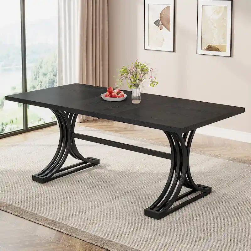 63" Modern Dining Table with Faux Marble Top and Gold Trestle Legs