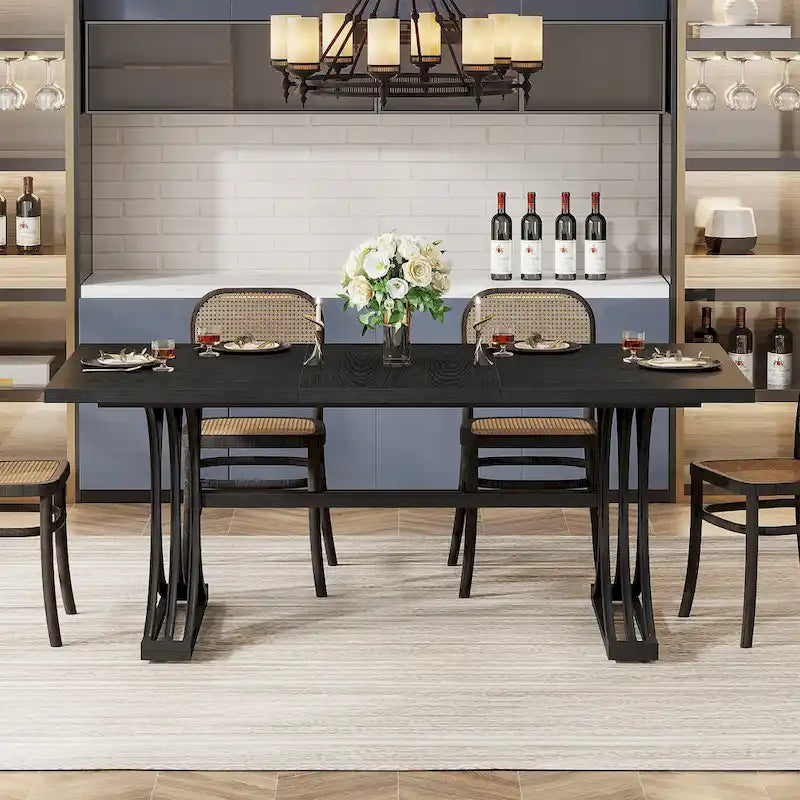 63" Modern Dining Table with Faux Marble Top and Gold Trestle Legs