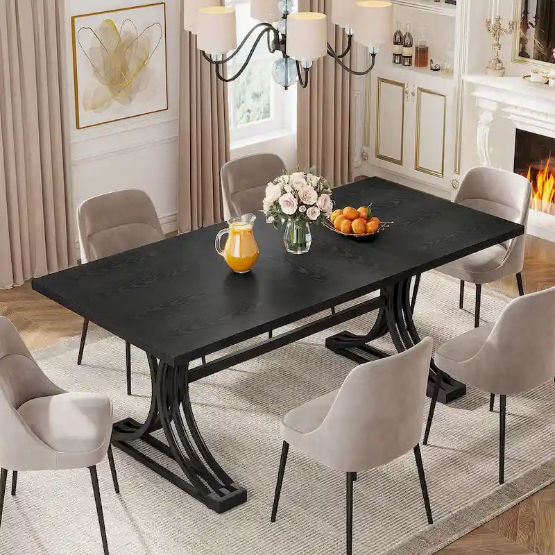63" Modern Dining Table with Faux Marble Top and Gold Trestle Legs