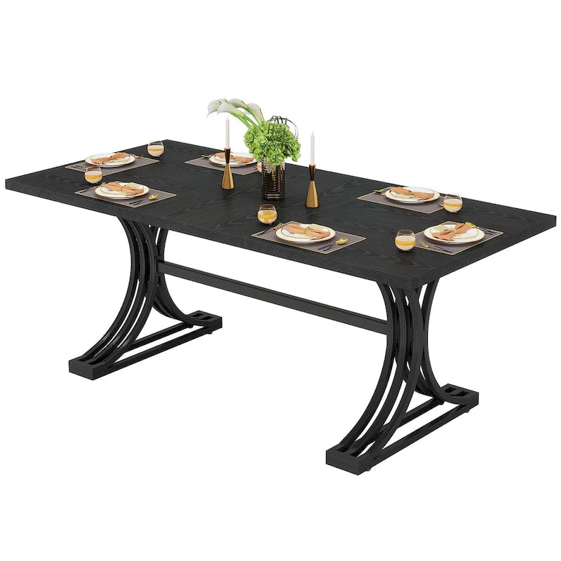 63" Modern Dining Table with Faux Marble Top and Gold Trestle Legs
