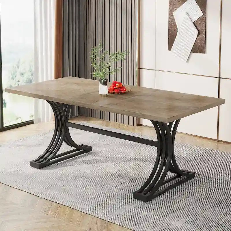 63" Modern Dining Table with Faux Marble Top and Gold Trestle Legs