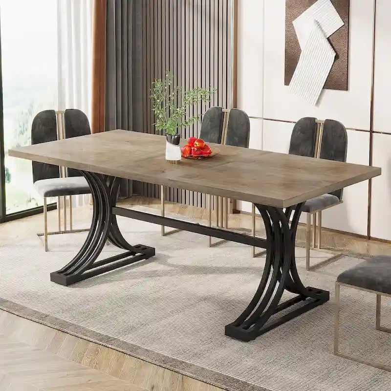 63" Modern Dining Table with Faux Marble Top and Gold Trestle Legs