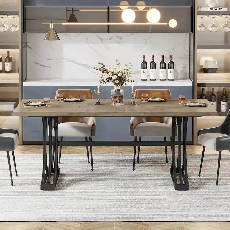 63" Modern Dining Table with Faux Marble Top and Gold Trestle Legs