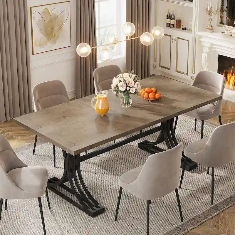 63" Modern Dining Table with Faux Marble Top and Gold Trestle Legs