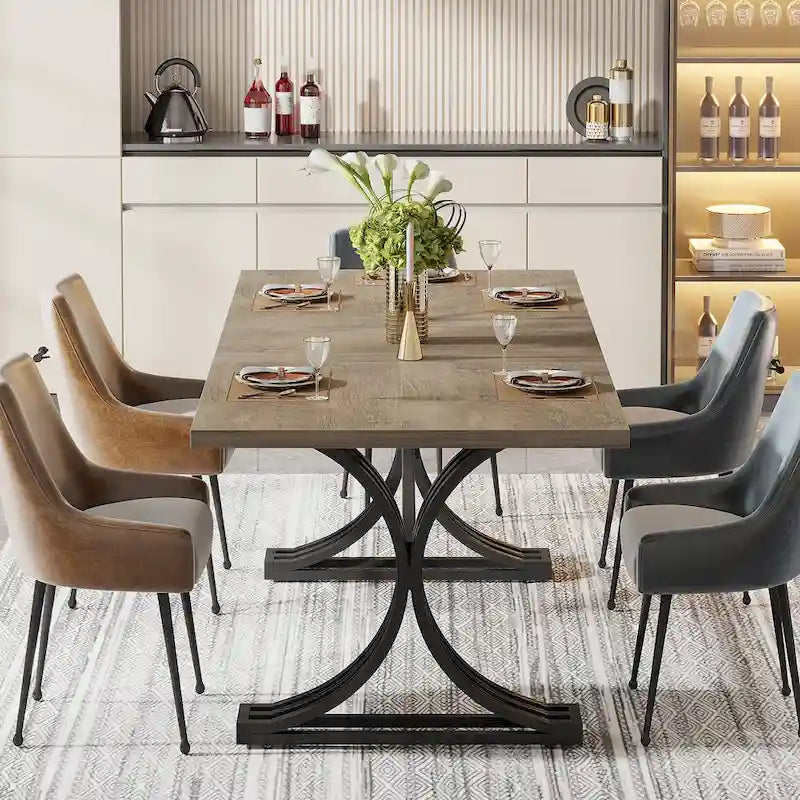 63" Modern Dining Table with Faux Marble Top and Gold Trestle Legs