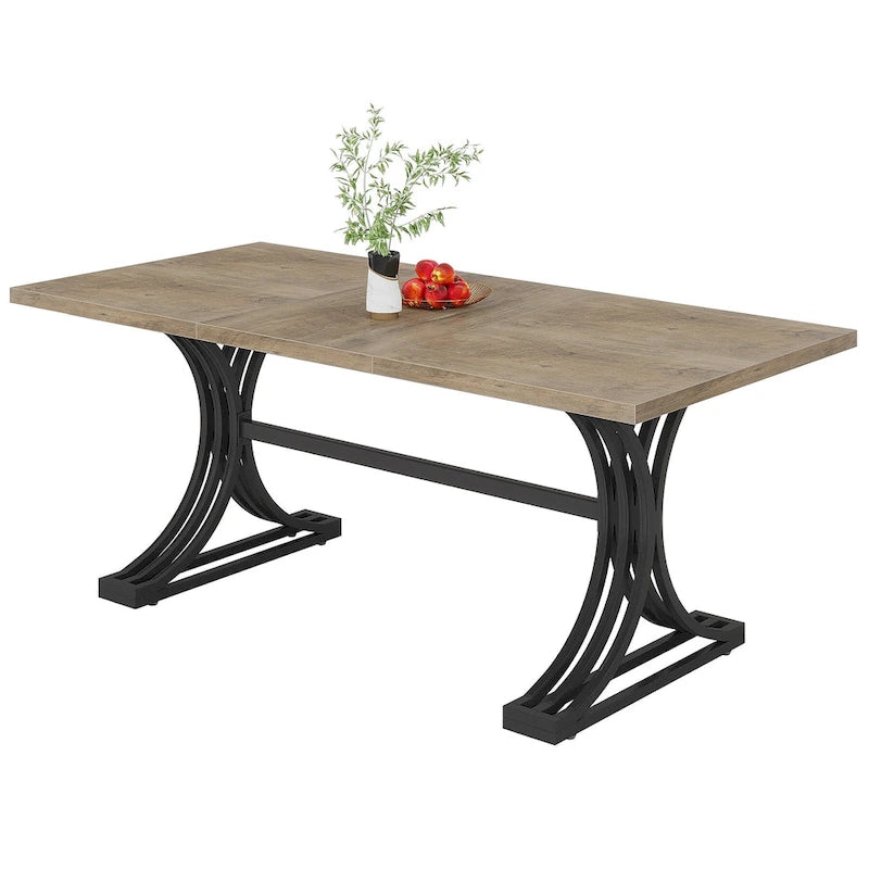 63" Modern Dining Table with Faux Marble Top and Gold Trestle Legs