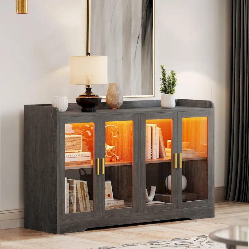 55" Sideboard Buffet Cabinet with LED Lights and Adjustable Shelves
