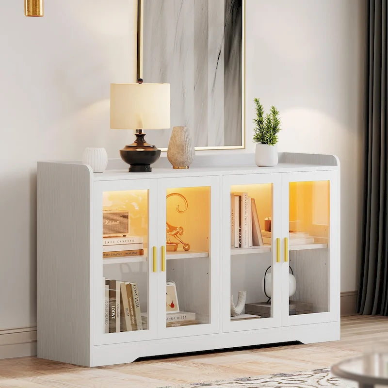 55" Sideboard Buffet Cabinet with LED Lights and Adjustable Shelves