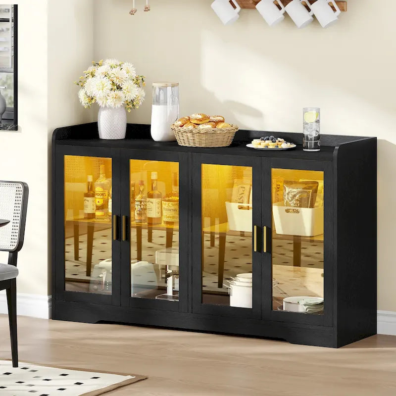 55" Sideboard Buffet Cabinet with LED Lights and Adjustable Shelves