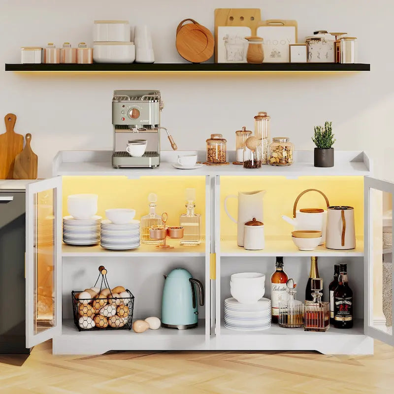 55" Sideboard Buffet Cabinet with LED Lights and Adjustable Shelves