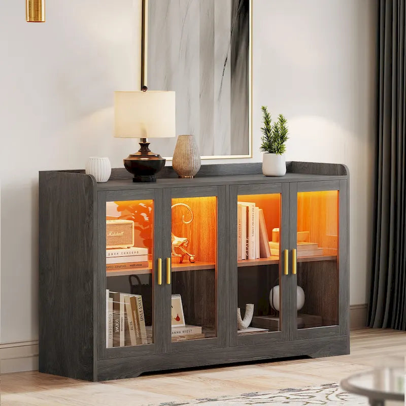 55" Sideboard Buffet Cabinet with LED Lights and Adjustable Shelves