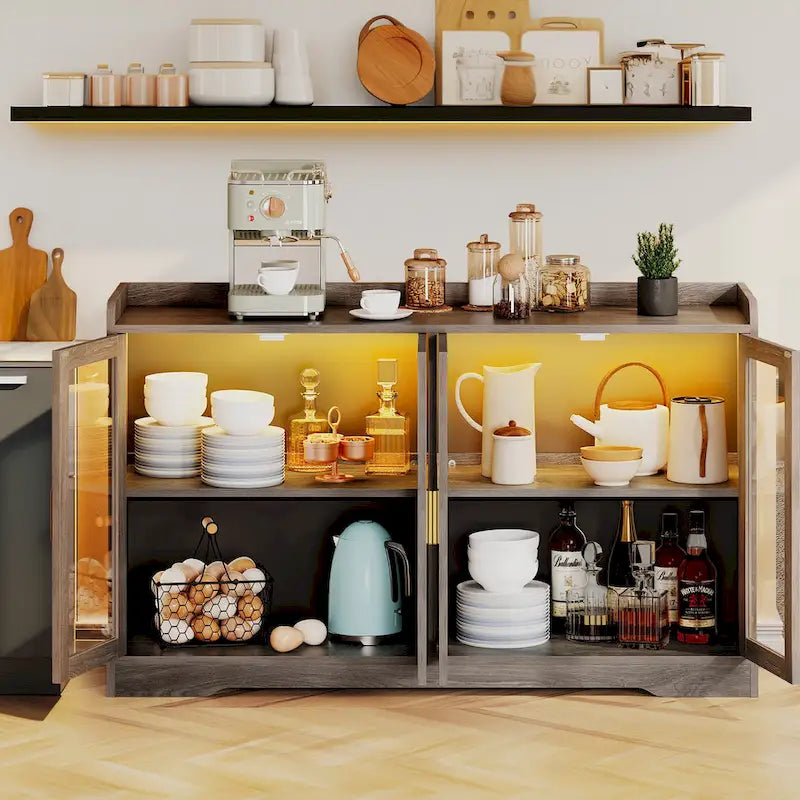 55" Sideboard Buffet Cabinet with LED Lights and Adjustable Shelves