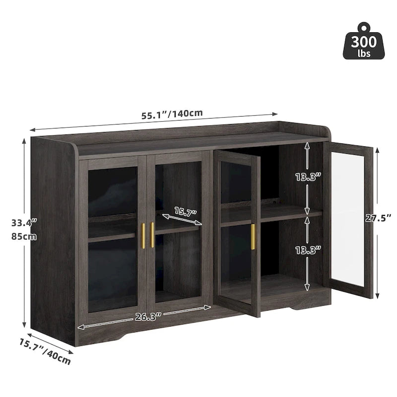 55" Sideboard Buffet Cabinet with LED Lights and Adjustable Shelves