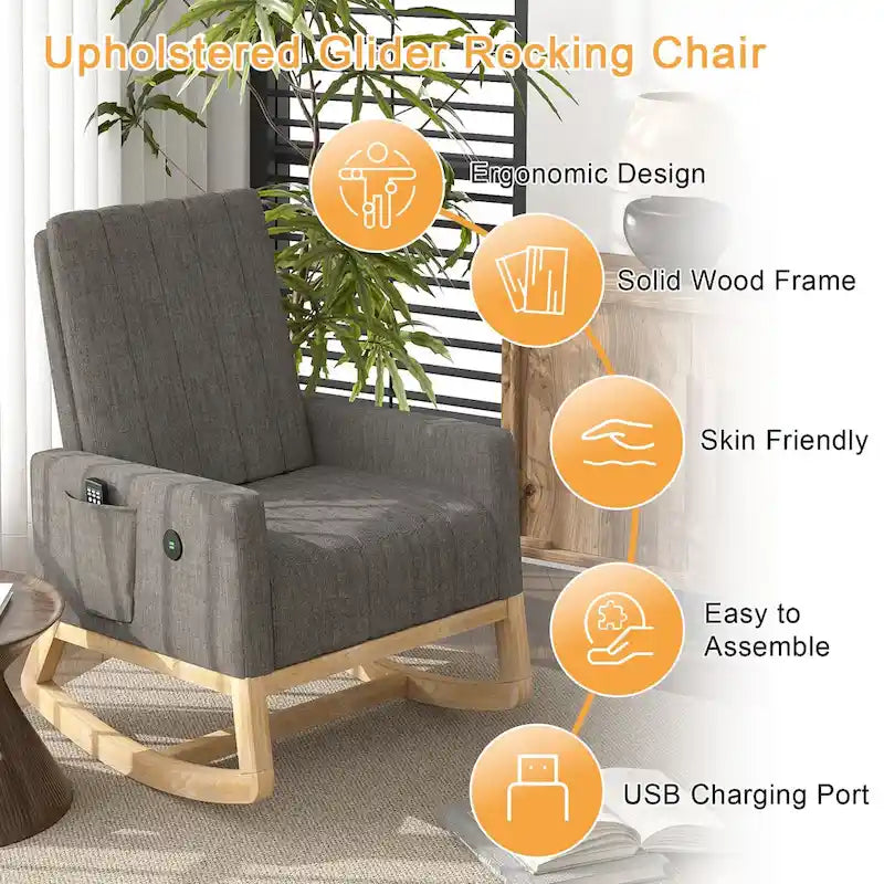 Adjustable Nursery Glider Rocking Chair with High Back and Footrest