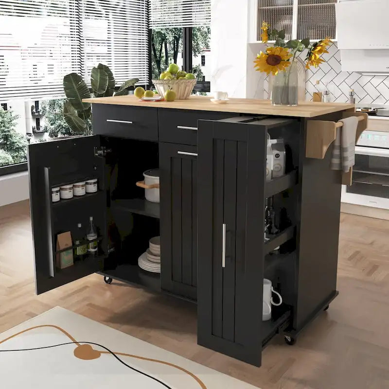 Kitchen Island with Drop Leaf and 3-Tier Pull-Out Cabinet Organizer