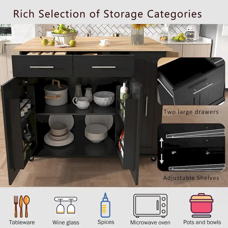 Kitchen Island with Drop Leaf and 3-Tier Pull-Out Cabinet Organizer