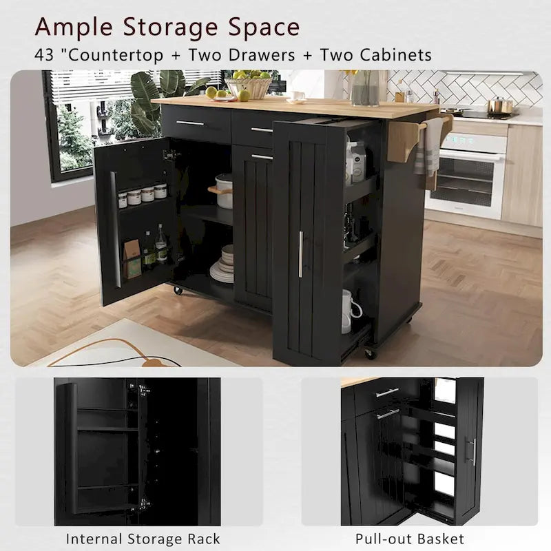 Kitchen Island with Drop Leaf and 3-Tier Pull-Out Cabinet Organizer