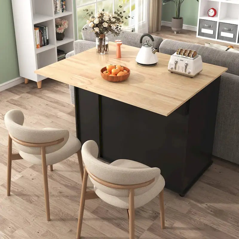 Kitchen Island with Drop Leaf and 3-Tier Pull-Out Cabinet Organizer