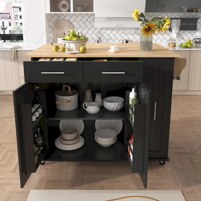 Kitchen Island with Drop Leaf and 3-Tier Pull-Out Cabinet Organizer
