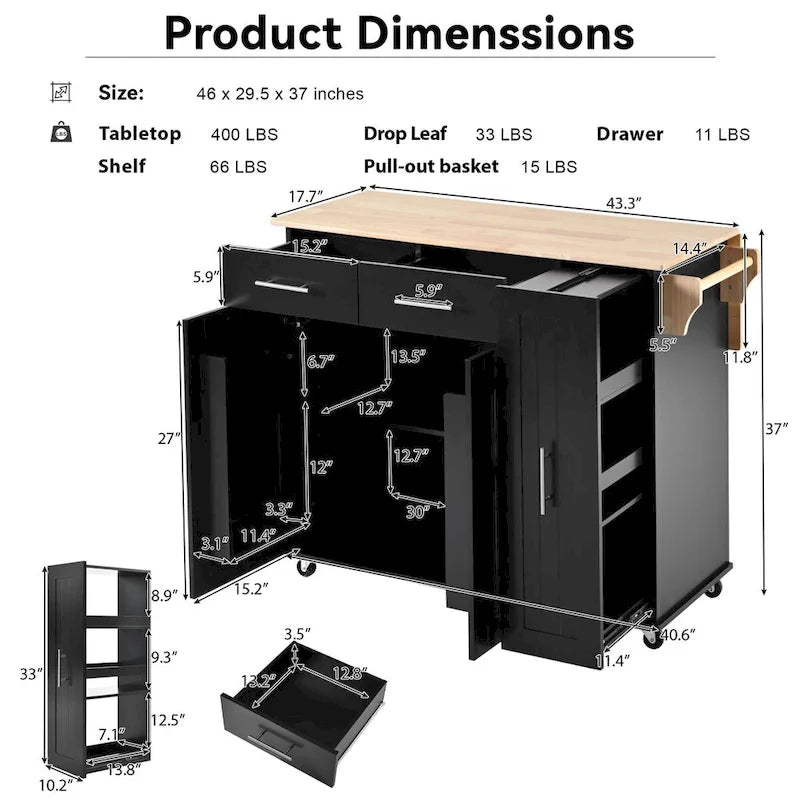 Kitchen Island with Drop Leaf and 3-Tier Pull-Out Cabinet Organizer