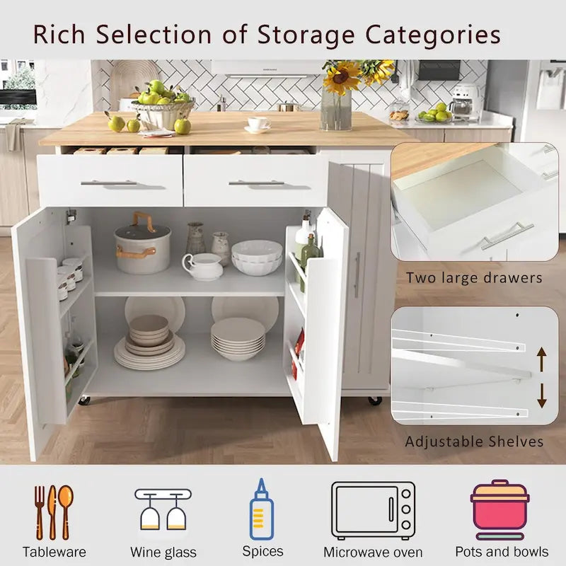 Kitchen Island with Drop Leaf and 3-Tier Pull-Out Cabinet Organizer